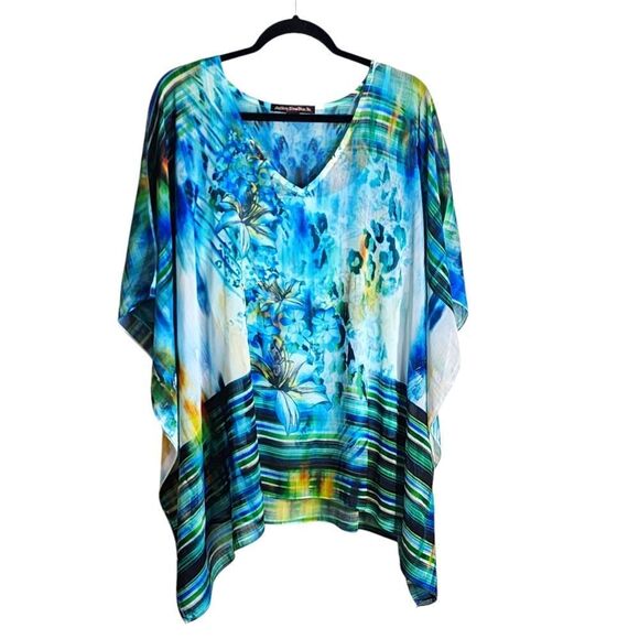 Mushka by Sienna Rose top blue green floral sheer top & cami Beachy abstract 1X - Picture 1 of 2